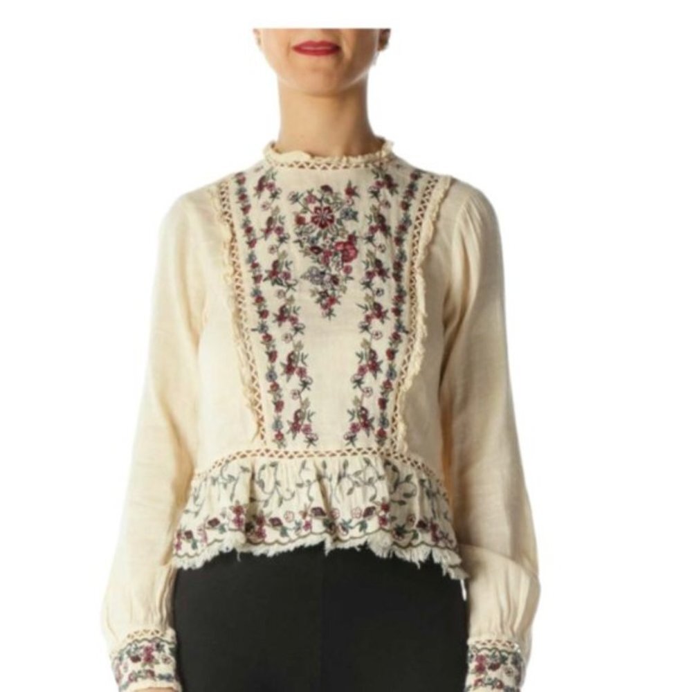 Zara Cream Embroidered Floral Peplum Blouse